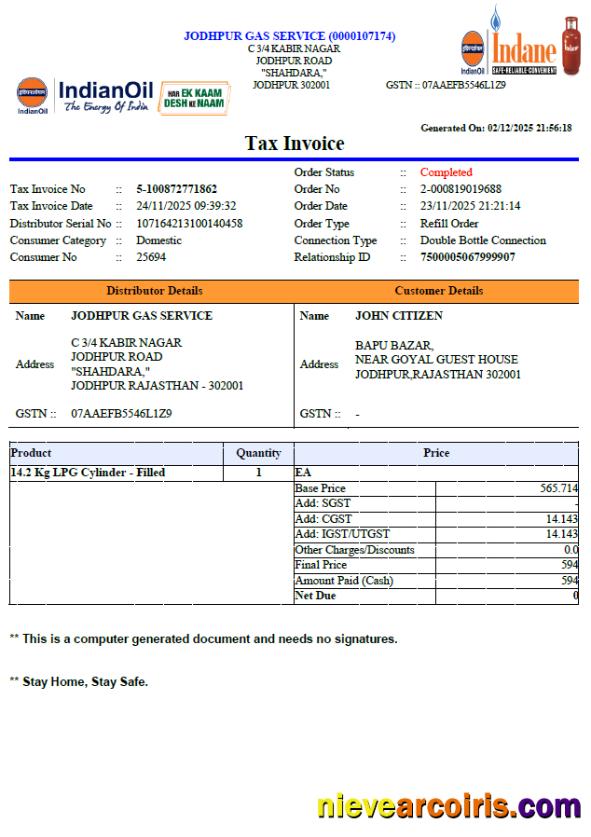 India Indian oil utility bill